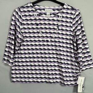 Alfred Dunner NWT PL Top Blouse with‎ Necklace 3/4 sleeve Purple White $59